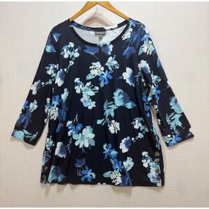 Style & Co Side Button Top Womens XL Blue Floral 3/4 Sleeve Modest Church